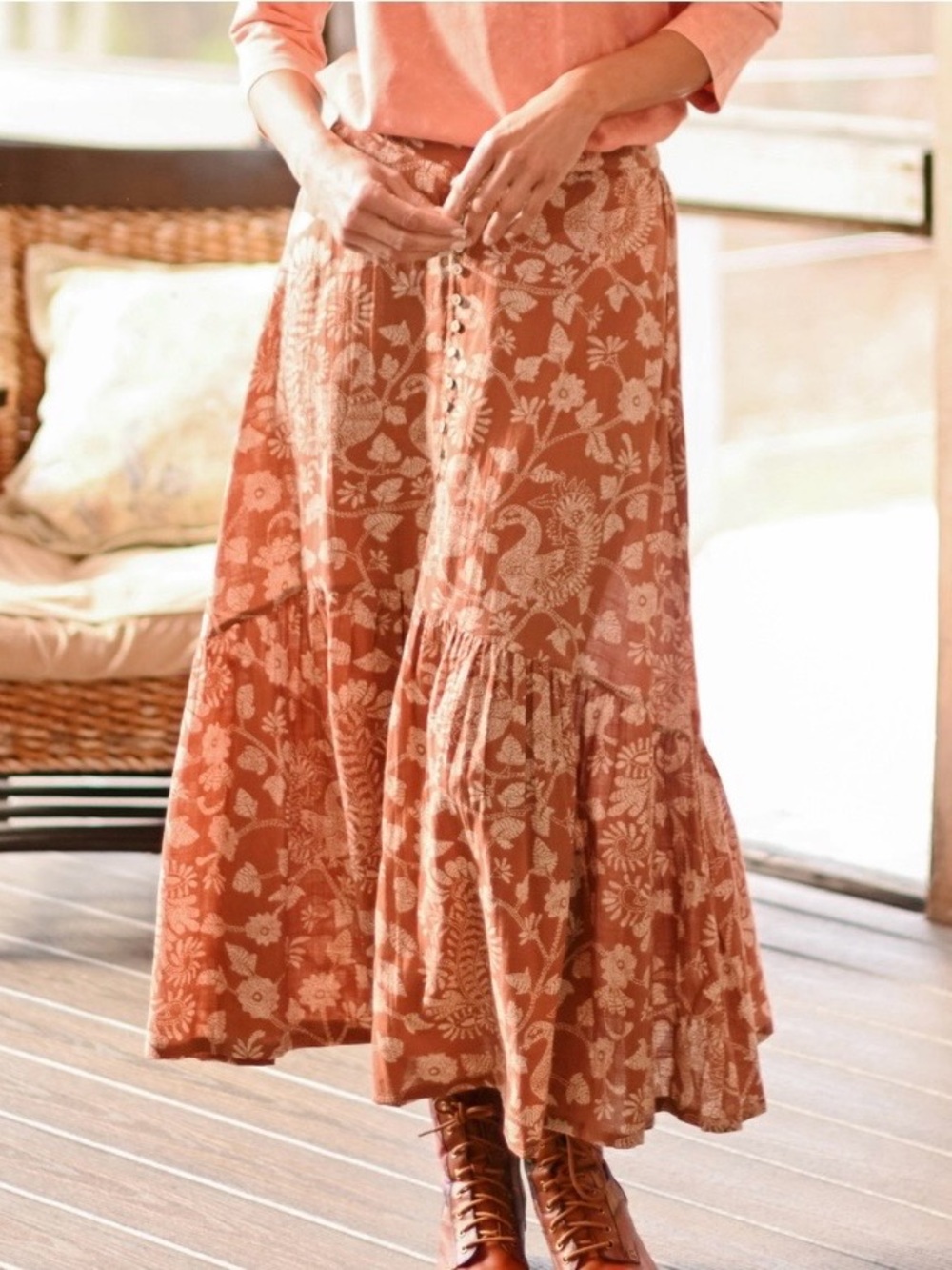 April Cornell Midi Skirt Peacock Floral Peasant Cotton 2XL Terracotta Tiered